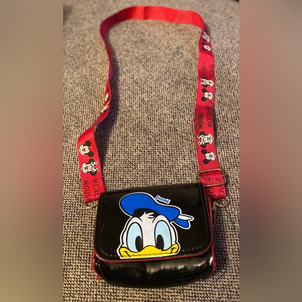 Disney Vintage Black Patent Donald Duck Crossbody with Red Character Strap